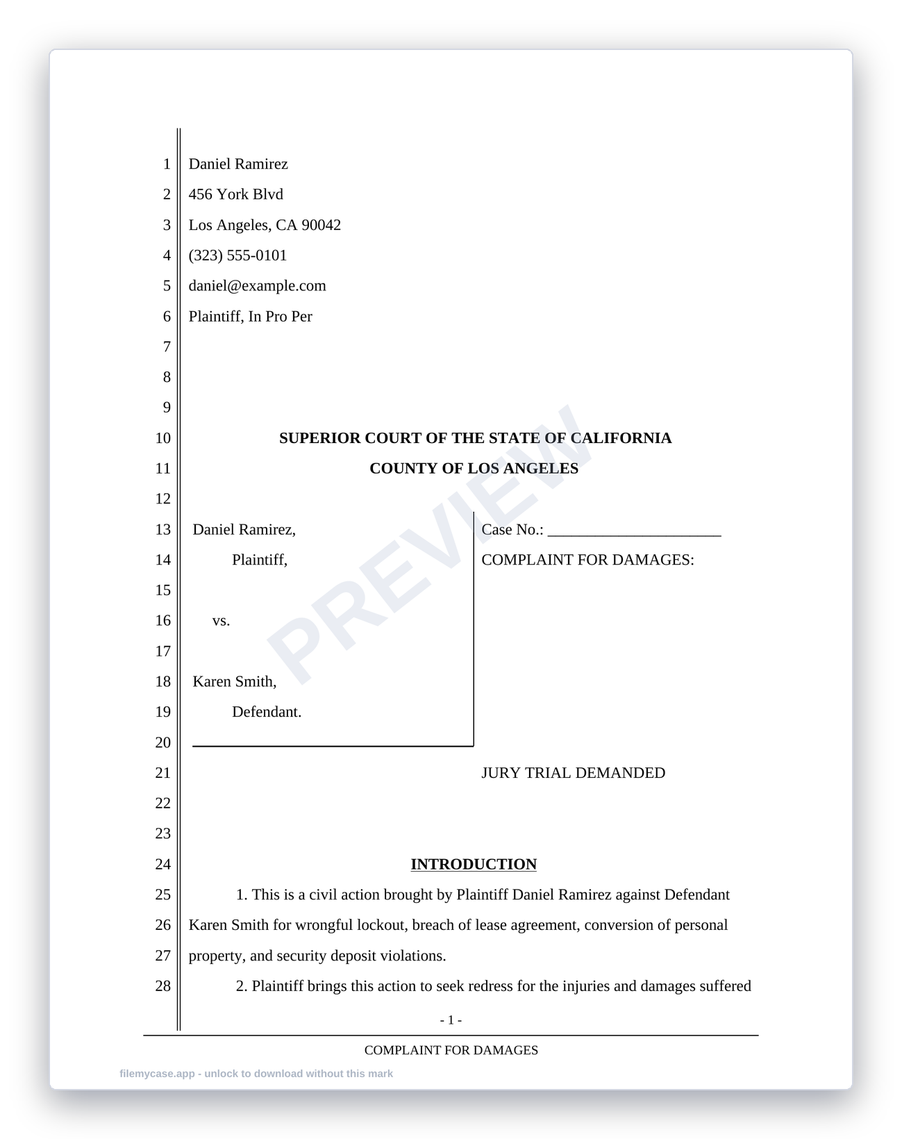 Page one of a generated California complaint on 28-line pleading paper, captioned Daniel Ramirez versus Karen Smith in Los Angeles Superior Court.